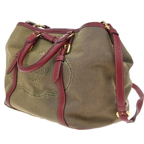 PRADA MILANO Logo 2Way Shoulder Hand Bag Canvas Leather Brown Red 79EE817 - Picture 2 of 16